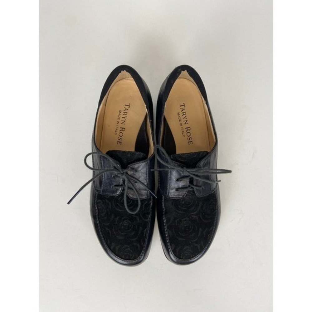 Taryn Rose Black Floral Embossed Suede Oxfords Lace Up Shoes 7.5 M Vamp Italy